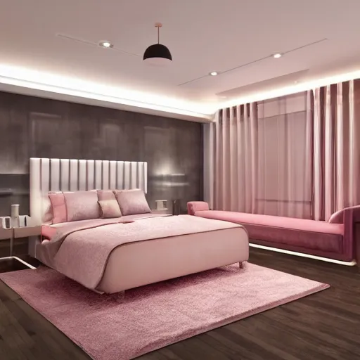 Image similar to 3 d render of modern bedroom in rose gold accents