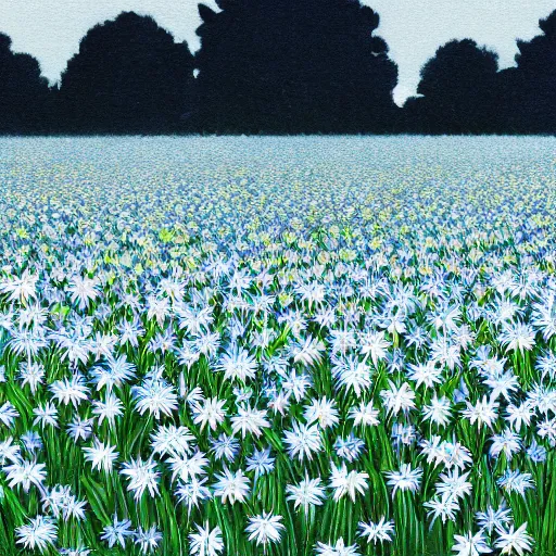 Image similar to field of light blue and white lilys, matte painting