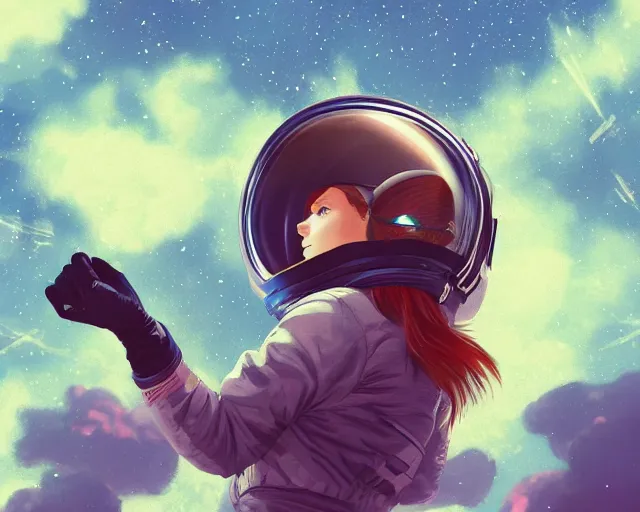 Image similar to young woman flying in space sharp focus, illustration, highly detailed, concept art, matte, trending on artstation, anime, art by tim biskup