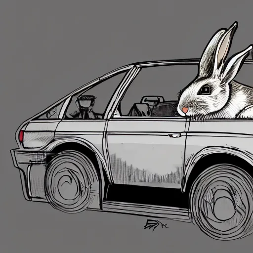 Image similar to a rabbit driving a car from inside, digital art, highly detailed, high contrast, beautiful lighting, award winning, trending on art station, photorealistic, 8 k,