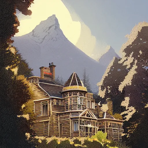 Image similar to illustration of an old victorian mansion, with beautiful mountain heather growing around it, large windows, greg rutkowski, mcbess