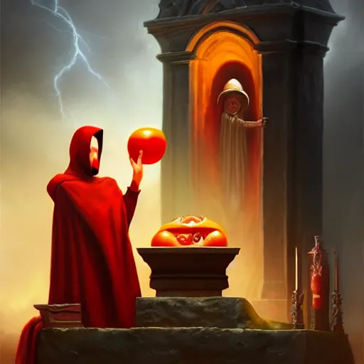 Image similar to a hooded cultist is stabbing a tomato placed on an altar, in front of a stone statue of a forgotten god, by patrick mcenvoy and michael komarck and fantasy flight, incredible quality, trending on artstation