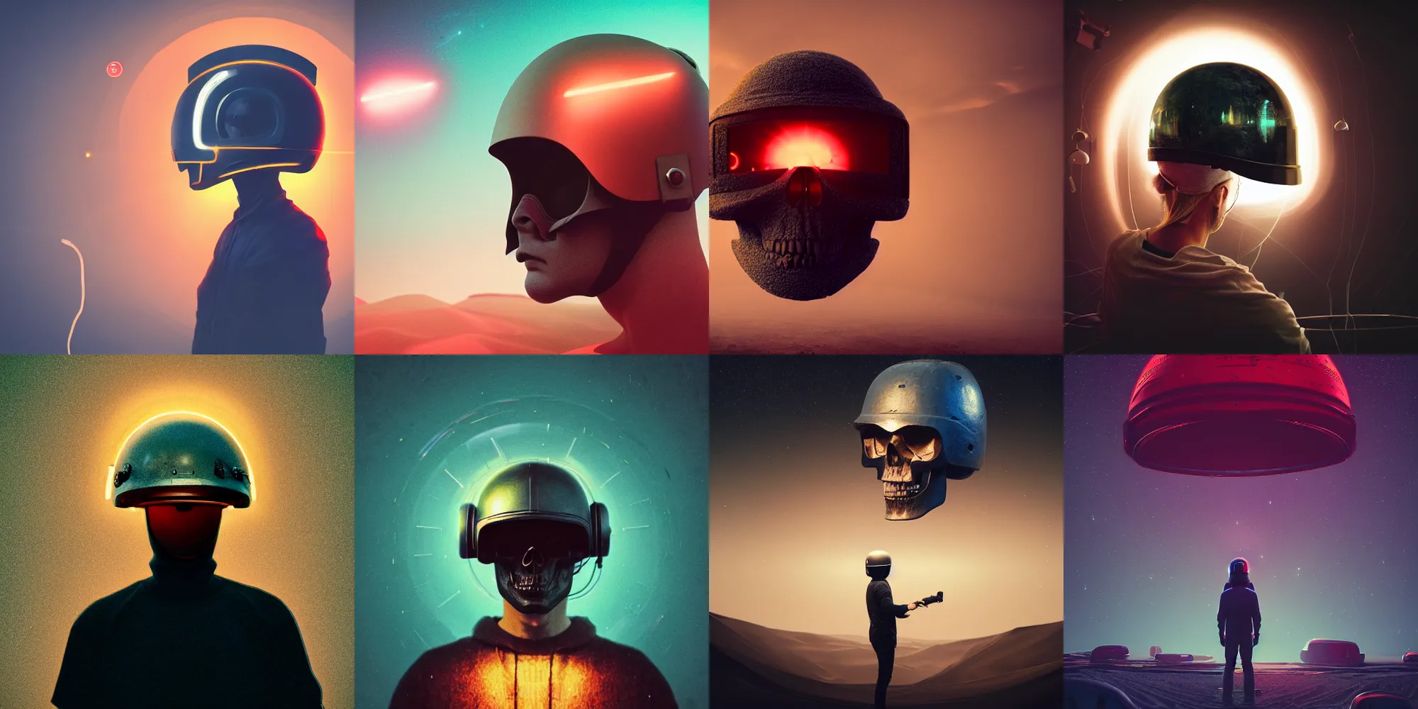 Prompt: beautiful dark landscape, person wearing old television helmet, skull on the screen, in the style of beeple and Mike Winkelmann, intricate, epic lighting, cinematic composition, hyper realistic, 8k resolution,