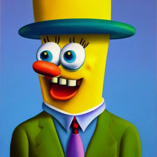 Image similar to beautiful portrait of spongebob squarepants, painted by rene magritte, highly detailed, trending on artstation