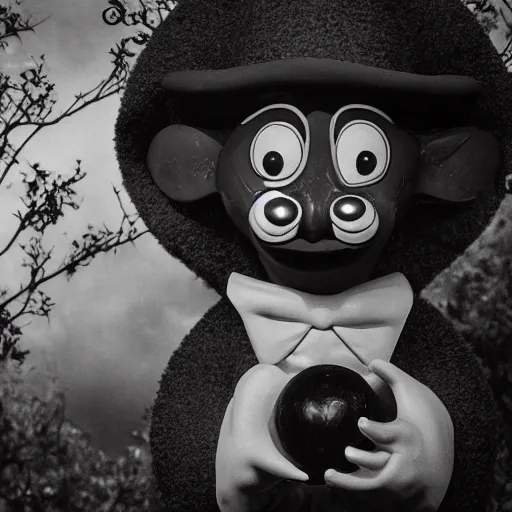 Prompt: a black and white photograph in the style of Jim Henson, Gary Baseman, Robert Crumb, photorealism, surreal, high contrast, film photography