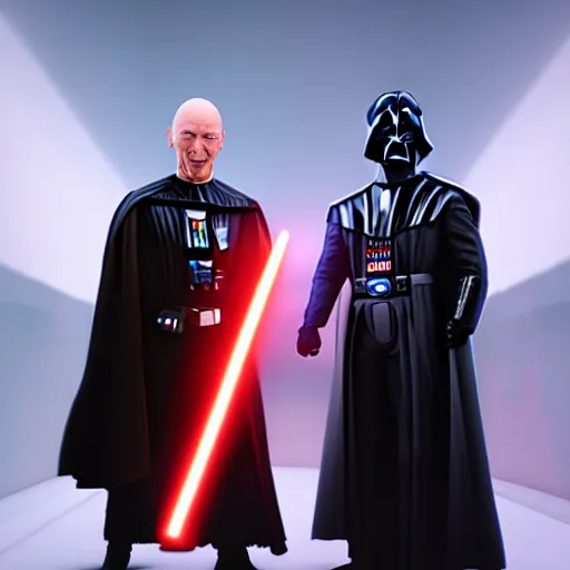 Prompt: a hyper real comic book style portait painting of captain picard and darth vader with the light sword, unreal 5, hyperrealistic, octane render, cosplay, rpg portrait, dynamic lighting