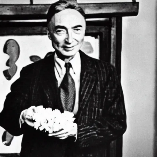 Prompt: color photo of robert oppenheimer selling flowers