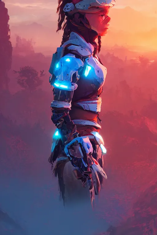 Image similar to combination suit armor aloy horizon forbidden west horizon zero dawn radiating a glowing aura global illumination ray tracing hdr fanart arstation by ian pesty and alena aenami artworks in 4 k tribal robot ninja mask helmet backpack