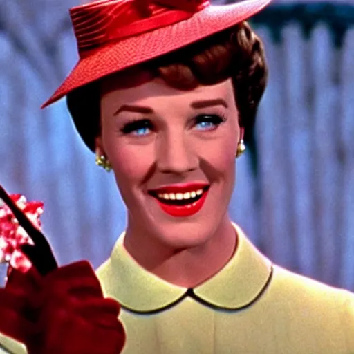 Prompt: Julie Andrews Mary Poppins from Disney 1964 smiling and winking with one eye, Still from Mary Poppins (1964)