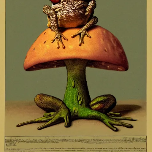 Prompt: A toad seated on an amanita-colored throne