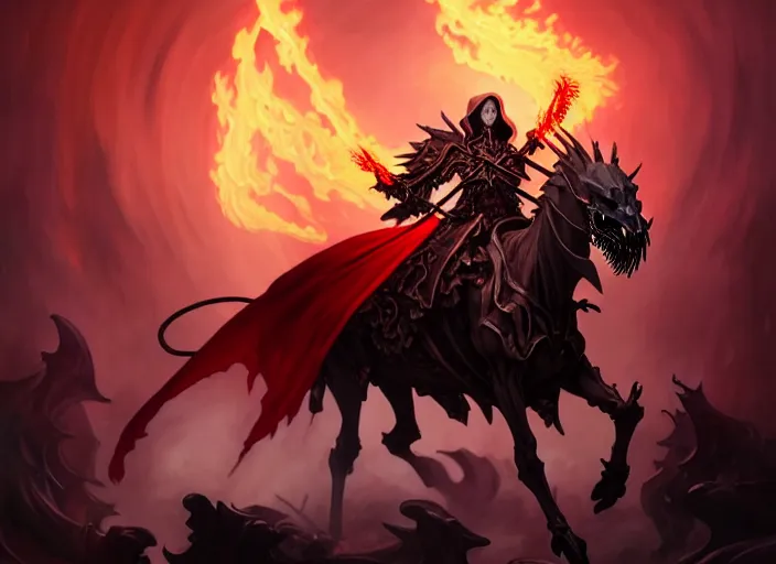 Image similar to ainz ooal gown leading the undead army to battle riding a flaming skeleton horse, highly detailed, deep focus, elegant, artstation, digital painting, smooth, sharp focus, illustration, ultra realistic, 8 k, art by artgerm and greg rutkowski and alphonse mucha