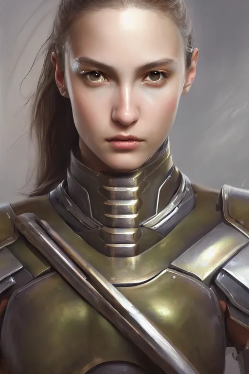 Image similar to a photorealistic painting of an attractive young girl, partially clothed in metal-plated battle armor, olive skin, long dark hair, beautiful bone structure, symmetrical face, perfect eyes, intricate, elegant, digital painting, concept art, illustration, sharp focus, minimal artifacts, from Metal Gear, in the style of Ruan Jia and Mandy Jurgens and Greg Rutkowski, trending on Artstation, award winning