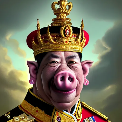 Image similar to a portrait of King Vajiralongkorn with the facial features of a pig, realistic face, grimdark extremely detailed fantasy art by Gerald Brom, octane render