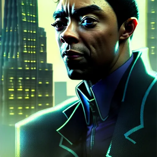 Image similar to portrait painting of a cyberpunk corporate boss elven chadwick boseman, ultra realistic, concept art, intricate details, eerie, highly detailed, photorealistic, octane render, 8 k, unreal engine. art by artgerm and greg rutkowski and charlie bowater and magali villeneuve and alphonse mucha