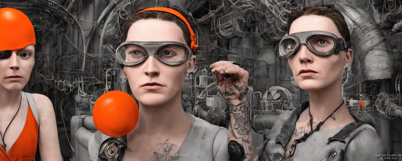 Image similar to character concept art 3 / 4 portrait of tattooed stoic heroic emotionless butch blonde woman engineer with short slicked - back hair, wearing dark victorian goggles, wearing orange bandana around neck, working inside reactor room, awkward and uncomfortable and anxious, dirty, dynamic composition by ron cobb. industrial space program, scifi, hyper detailed. octane render. trending on artstation