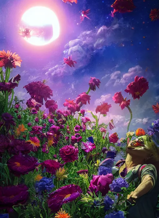 Image similar to An epic fantastic realism comic book style painting of the most beautiful flowers launched into space, bouquets, solar eclipse, fisheye, unreal 5, DAZ, hyperrealistic, octane render, dynamic lighting