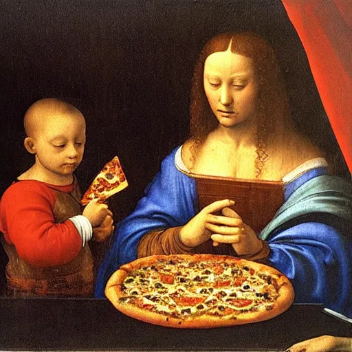 Image similar to a renaissance materpiece painting of a man and his son eating pizza and watching television, leonardo da vinci