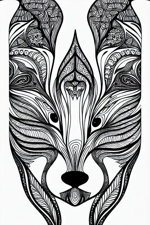 Prompt: fox ornaments fractal ink drawing line art colouring page, vector, margins, fine lines, centered