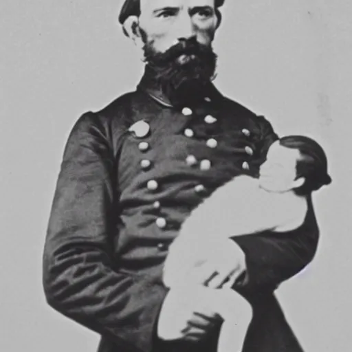 Prompt: a 1 8 5 8 photo of general pitzer, a union general, holding a baby monkey