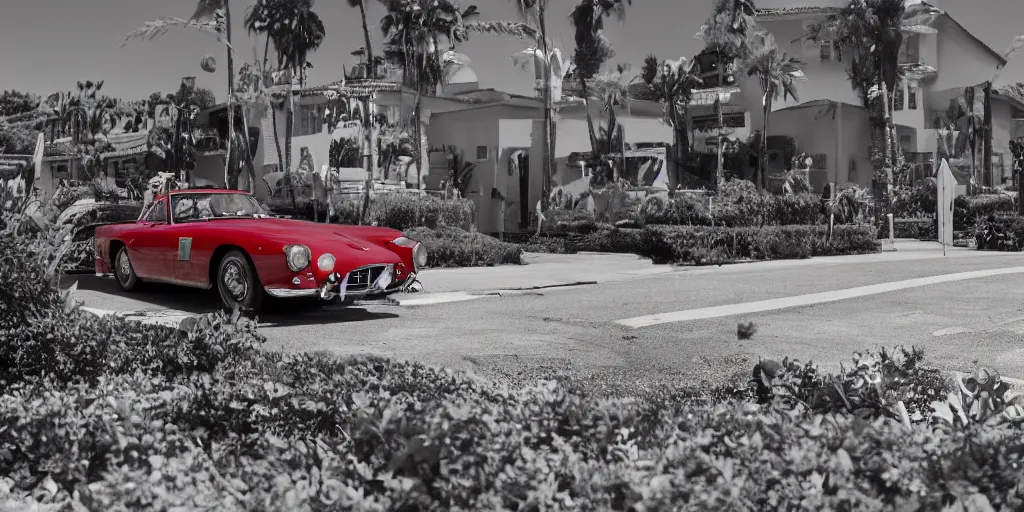 Image similar to photograph, 1958 FERRARI 250 GT, cinematic, PCH, california coast, 8k, depth of field, bokeh.