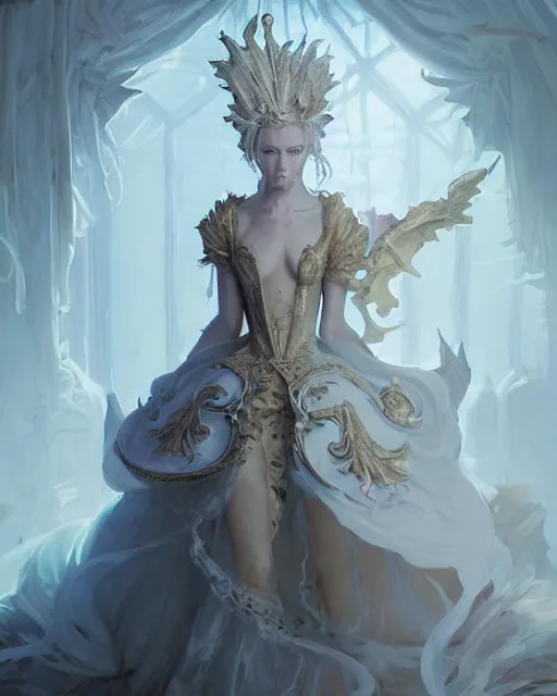Prompt: portrait of a baroque princess dress from the fantasy world for the dragon queen atey gaylan, wonderful eyes, greg rutkowski, greg tocchini, james gillard, joe fenton, kete butcher, dynamic lighting, gradient light blue, brown, light cream and white colors, grunge aesthetics, detailed and complex environment