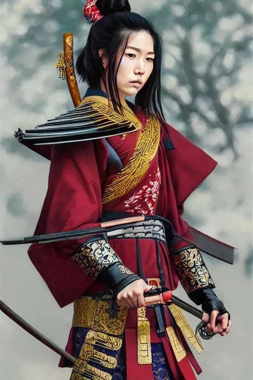 Image similar to full body photo of a gorgeous young woman wearing a japanese samurai outfit in the style of stefan kostic, realistic, sharp focus, 8k high definition, insanely detailed, intricate, elegant, art by stanley lau and artgerm