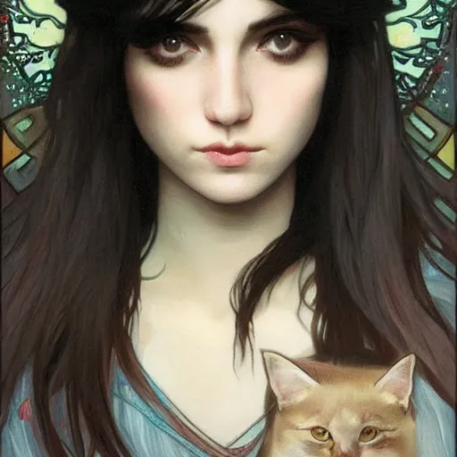 Image similar to emo girl and her cat, with long dark hair, thick eyebrows!!! deep dark big eyes and dark circles!, wide nose!!!, oval face shape, big cheeks! by juan villafuerte, greg rutkowski and alphonse mucha, pexels contest winner, high quality photo, rtx, hd