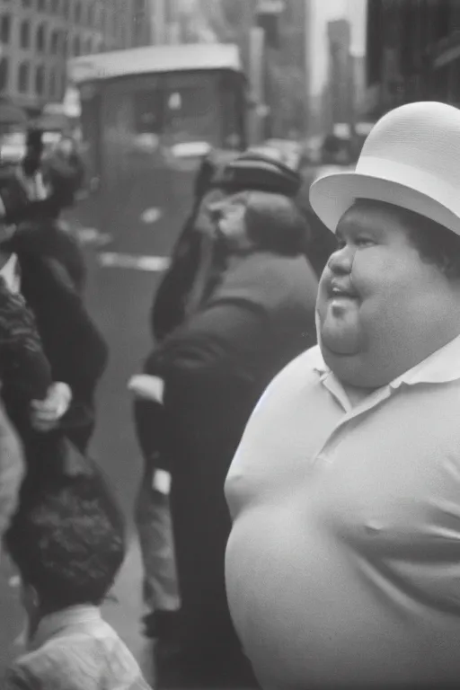 Prompt: close-up film photography 1970s, portrait of fat man in white hat, New York City, soft light, 35mm, film photo, Joel Meyerowitz