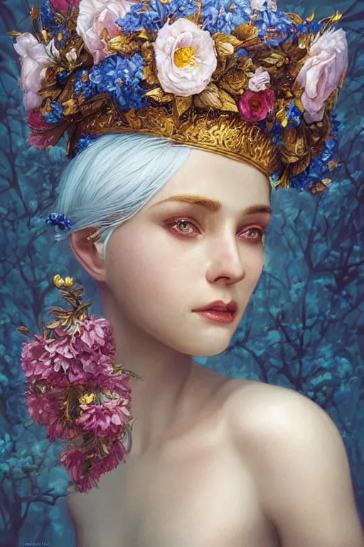 Prompt: a pale girl with white hair wears floral crown, sad blue eyes, cinematic lighting, ultra detailed, highly detailed, sharp focus, golden background with flowers, golden jewellery with blue sapphires, photographic, art by artgerm and greg rutkowski and zdislav beksinski