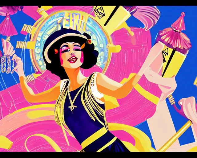 Prompt: teenage cher as a cancan dancer in art deco style, champagne commercial, artstation, illustration, bright, cheerful, detailed and intricate environment