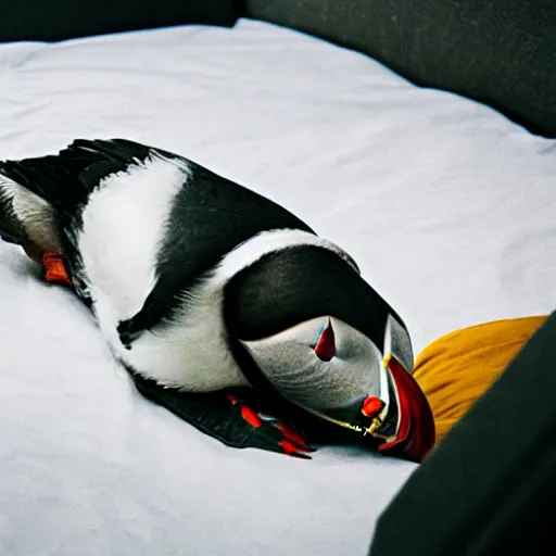 Prompt: puffin sleeping in an oversized bed