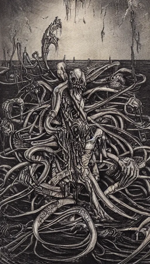 Image similar to man on boat crossing a body of water in hell with creatures in the water, sea of souls, by hr giger