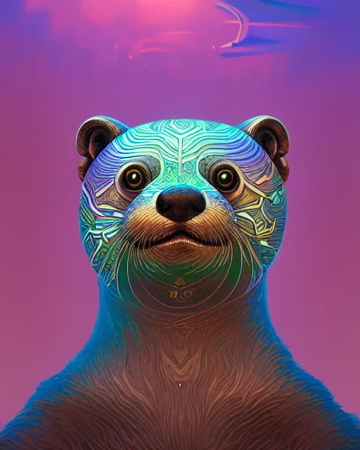 Image similar to highly detailed surreal vfx portrait of a metallic chromatic geometric tribal otter, behance, stephen bliss, unreal engine, greg rutkowski, loish, rhads, beeple, makoto shinkai and lois van baarle, ilya kuvshinov, rossdraws, tom bagshaw, alphonse mucha, global illumination, detailed and intricate environment