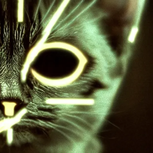 Image similar to a still of a cat as the terminator ( 1 9 8 4 ), glowing eyes metallic