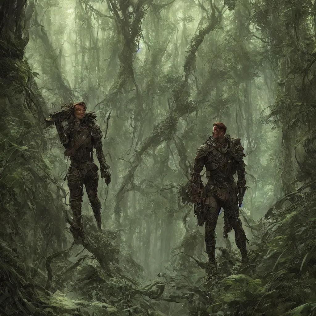 Image similar to a handsome male sci-fi solider exploring a magical rain forest, D&D, fantasy, intricate, cinematic lighting, highly detailed, digital painting, artstation, concept art, smooth, sharp focus, illustration, art by Terry Moore and Greg Rutkowski and Alphonse Mucha