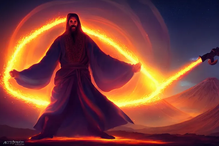 Image similar to levitating wizard wielding a sword, opening a shining portal, night sky, horizon of an erupting volcano, trending on artstation