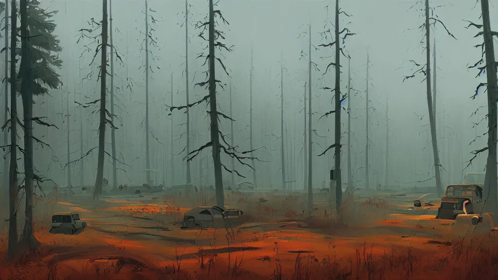 Prompt: morning forest landscape painting by Simon Stalenhag