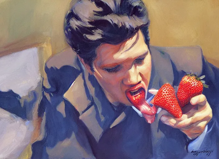 Image similar to a highly detailed beautiful portrait of elvis presley eating strawberry, by gregory manchess, james gurney, james jean