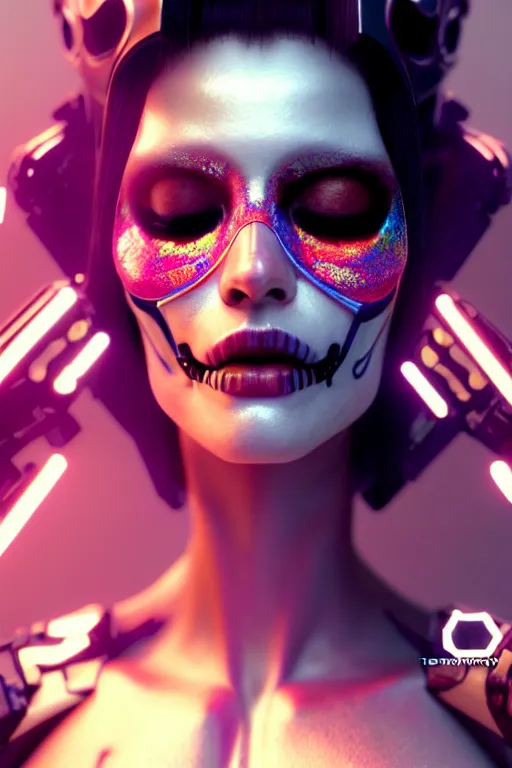 Prompt: beautiful android woman, eyes closed, photorealistic cinematic, 3 d model, cyborg, postcyberpunk, octane render, concept art, global illumination, vogue, 8 k, intricate detailed environment ( ( el dia los muertos ) ). by terry oneill and artgerm and kuciara and mucha