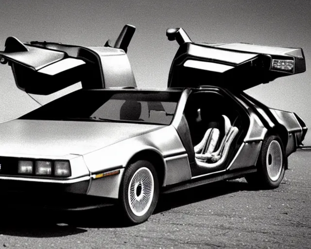 Prompt: doc brown and the delorean in a scene from a mad max movie