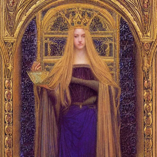 Image similar to detailed realistic beautiful young medieval queen portrait by jean delville, art nouveau, symbolist, visionary, gothic