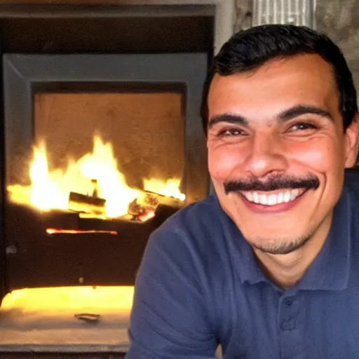 Image similar to photo of pedro sanchez very happy posing in front of a fire