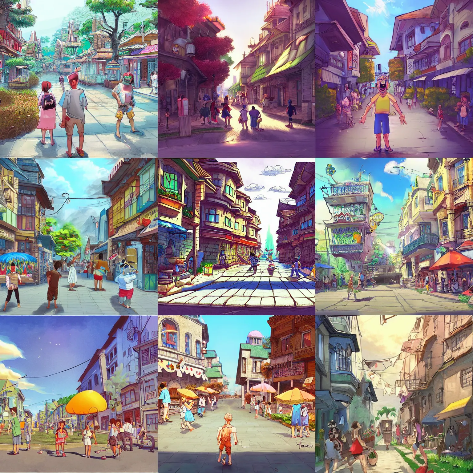 Prompt: Standing on the streets of a beautiful fantasy town on a hot summer day, wide angle, simple cartoon painting, Concept Art by Ben Zhang