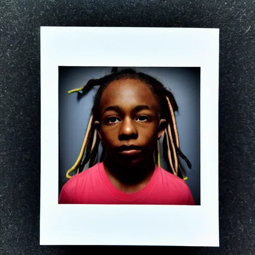 Prompt: photo of a black boy with colored dread, in dark room flash polaroid effect