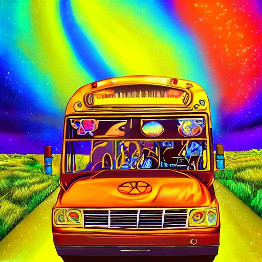 Prompt: long blond haired hippy drives school bus through psychedelic dreamscape skyscape detailed trippy trending on artstation colourful