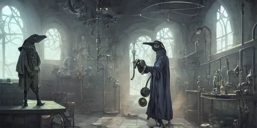 Image similar to a plague doctor and a humanoid rat in a laboratory with lots of flasks filled with magic liquids, stephen bliss, unreal engine, fantasy art by greg rutkowski, loish, rhads, ferdinand knab, ilya kuvshinov, rossdraws, tom bagshaw, global illumination, radiant soft light, detailed and intricate environment