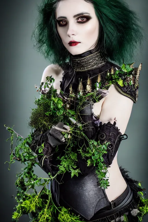 Image similar to very beautiful orcish top model, dark green hair, wearing valentin yudashkin gothic victorian armor with leaves and flowers, luxury materials, symmetrical, cinematic, elegant, professional studio light, real dlsr photography, sharp focus, 4 k, ultra hd, sense of awe, high fashion