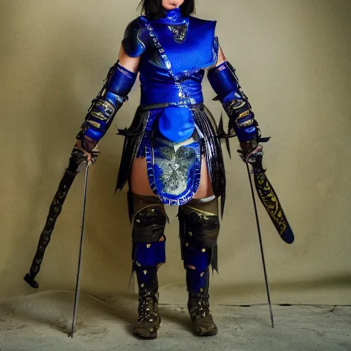 Image similar to photo of a female warrior with lapis lazuli armour and weapons