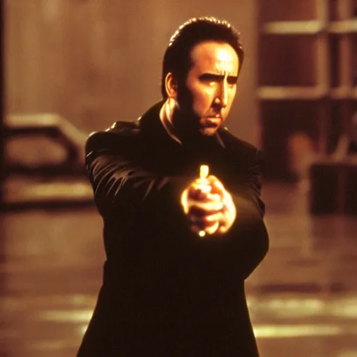 Image similar to Nicolas Cage playing Neo in The Matrix, film still, photo