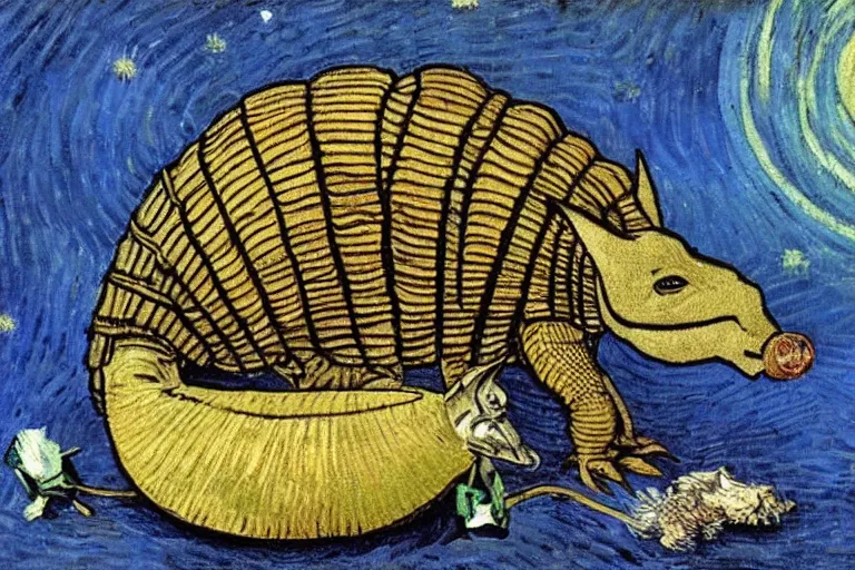 Image similar to an armadillo smoking a joint by van gogh,